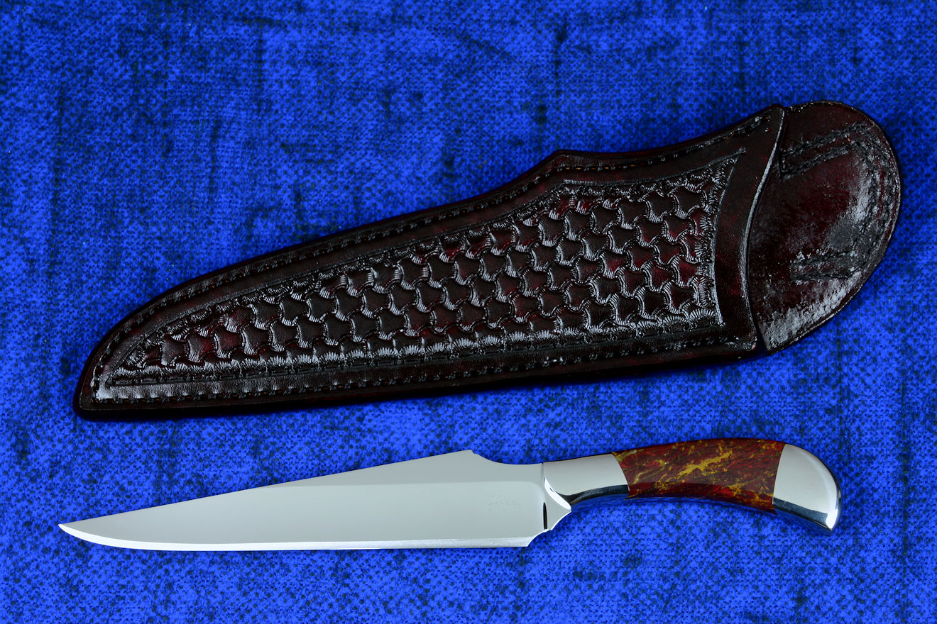 "Sonoma" professional chef's knife, obverse side view in 440C high chromium stainless steel blade, 304 stainless steel bolsters, Pilbara Picasso Jasper gemstone handle, hand-tooled burgundy leather shoulder sheath