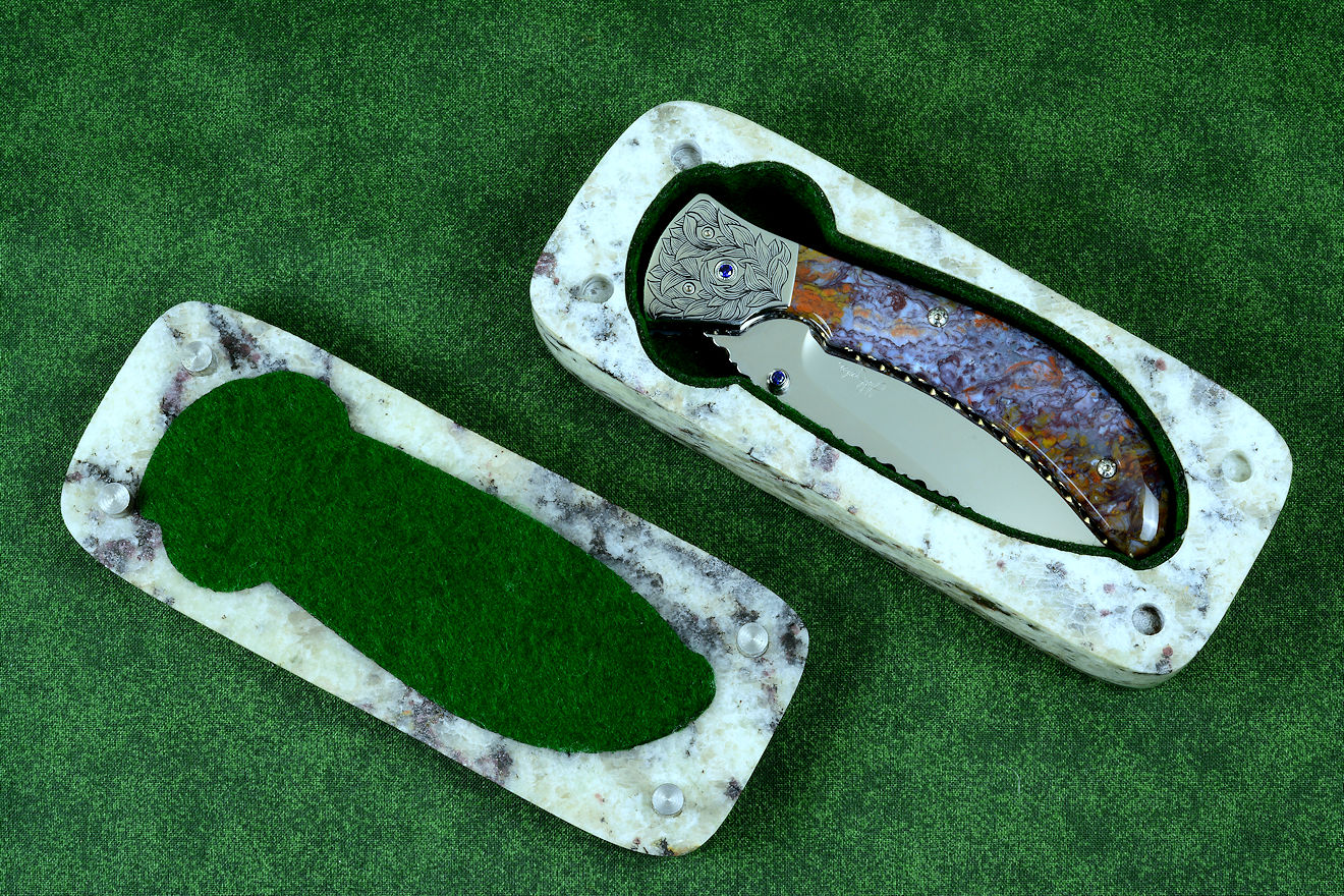 "Starling" fine handmade custom folding knife in granite case with Rio Grande Agate gemstone and 304 stainless steel fittings "Starling" fine handmade custom folding knife in granite case with Rio Grande Agate gemstone and 304 stainless steel fittings