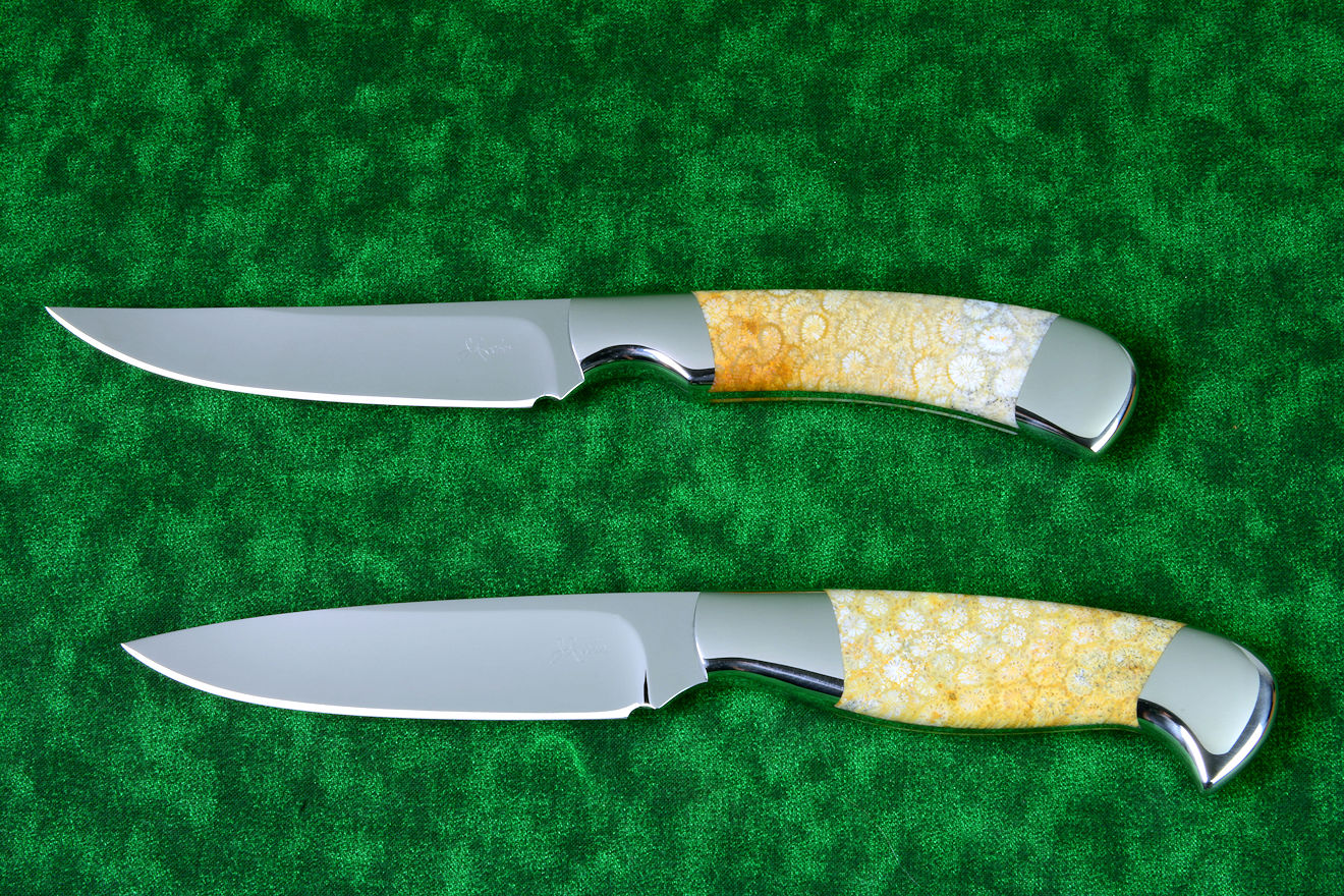 "Steak Knives" obverse side view in T3 deep cryogenically treated 440C high chromium martensitic stainless steel blades, 304 stainless steel bolsters, Fossil Coral agate gemstone handles