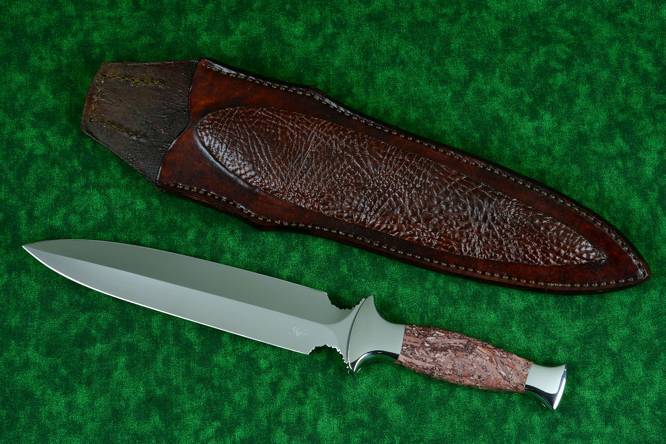 "Streamspear" dagger, obverse side view in ATS-34 high molybdenum stainless steel blade, 304 stainless steel bolsters, Montana Bark Jasper gemstone handle, hand-carved leather sheath inlaid with Bison (American Buffalo) skin