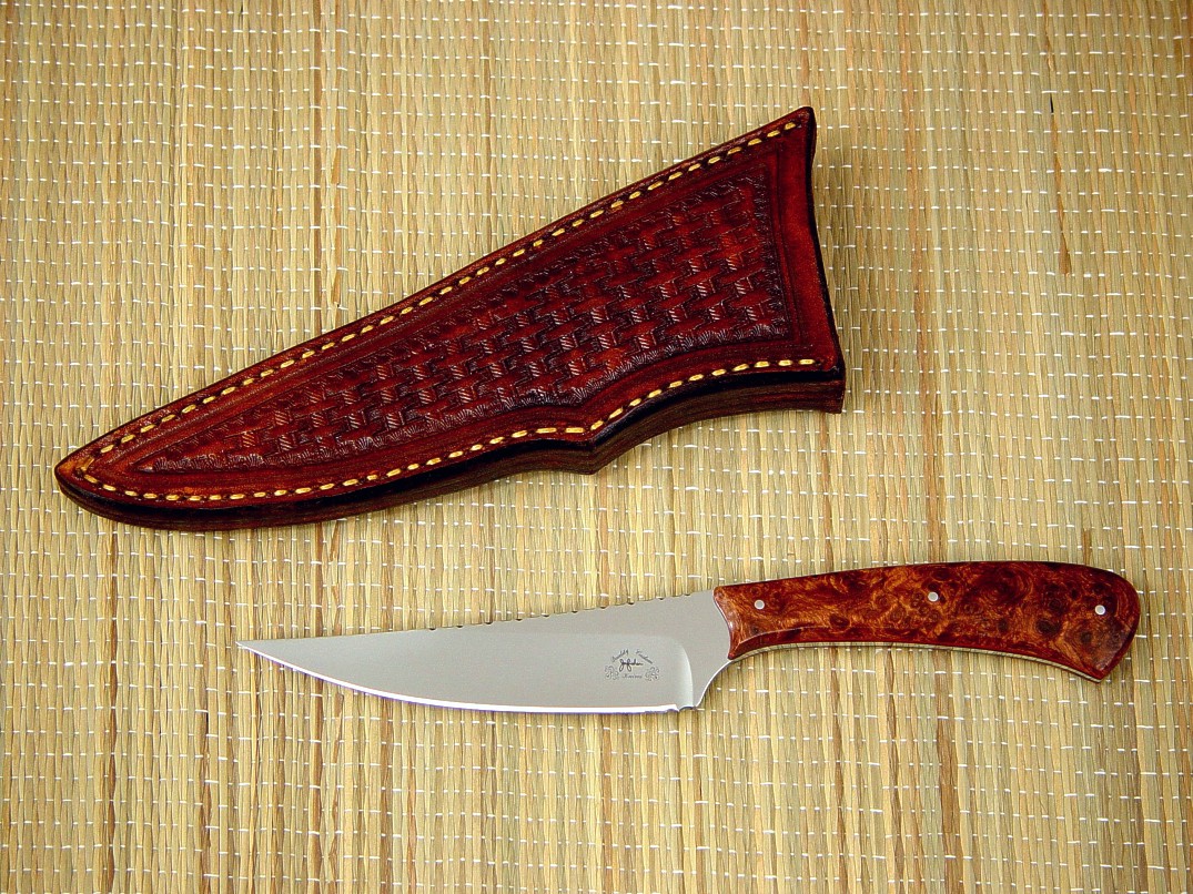 "Talitha" in 440C high chromium stainless steel blade, 304 stainless steel pins, black, red spacer, stabilized redwood burl handle, hand-stamped basket weave tooled leather sheath