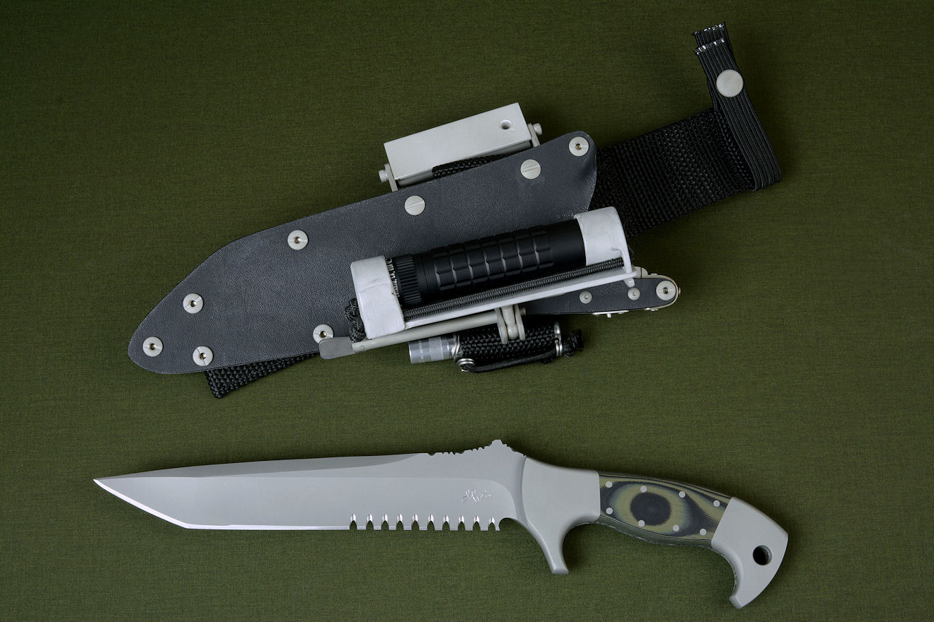 "Taranis" obverse side view in CPMS30V high vanadium stainless tool steel blade, 304 stainless steel bolsters, Olive/Black G10 fiberglass epoxy composite laminate handle, locking kydex, aluminum, stainless steel sheath with ultimate belt loop extender and accessories