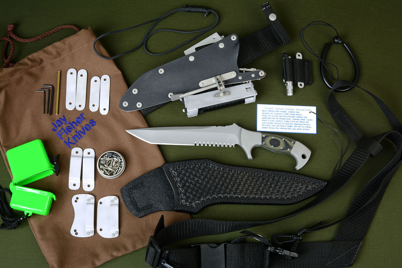 "Taranis" counterterrorism tactical, combat, rescue, survival knife with all accessories: leather sheath, locking kydex sheath, Ultimate Belt Loop Extender, Magnesium/Firesteel Firestarter, HULA with MagTac Flashlight LIMA with LED Maglite Solitaire, sternum harness plus, belt loops, clips, stainless steel hardware, SCUBA and Paracord lanyards, archival nameplate, heavy canvas embroidered bag
