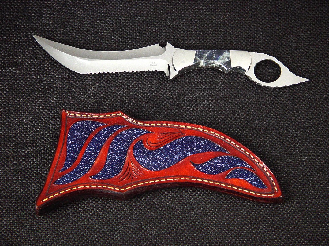 "Tethys" tactical knife, obverse side view in 440C high chromium stainless steel blade, 304 stainless steel bolsters, Labradorite gemstone handle, blue stingray skin inlaid in hand-carved leather sheath