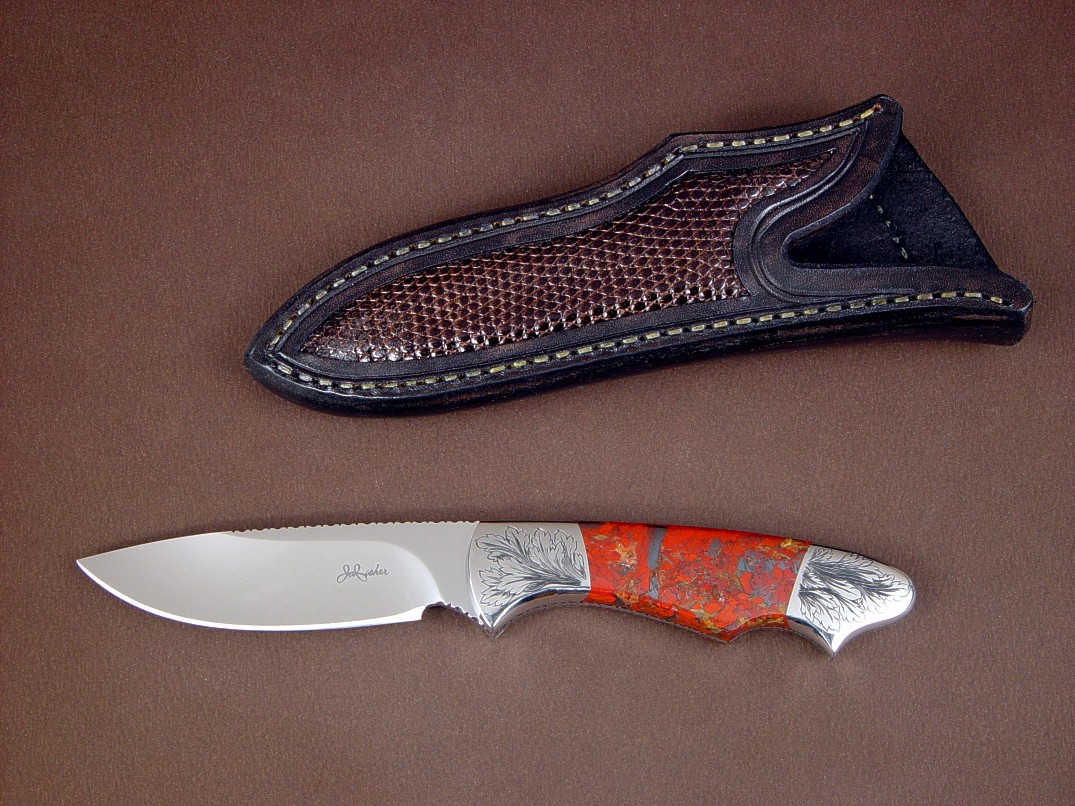 "Thuban" obverse side view in ATS-34 high molybdenum stainless steel blade, hand-engraved 304 stainless steel bolsters, brecciated jasper gemstone handle, lizard skin inlaid in hand-carved leather sheath
