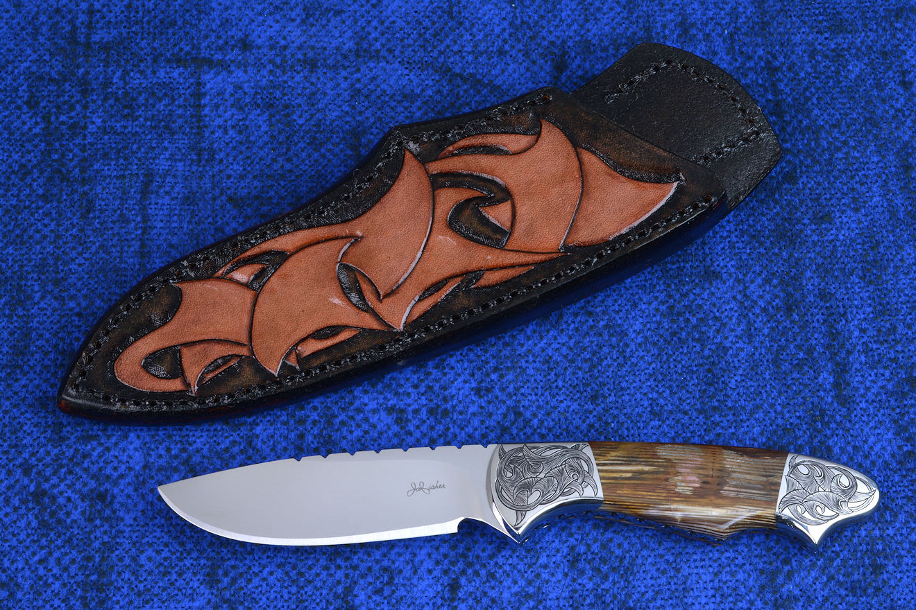 "Thuban" obverse side view in CPM154CM high molybdenum powder metal technology stainless tool steel blade, hand-engraved 304 stainless steel bolsters, Australian Petrified Wood gemstone handle, hand-carved, hand-dyed leather sheath