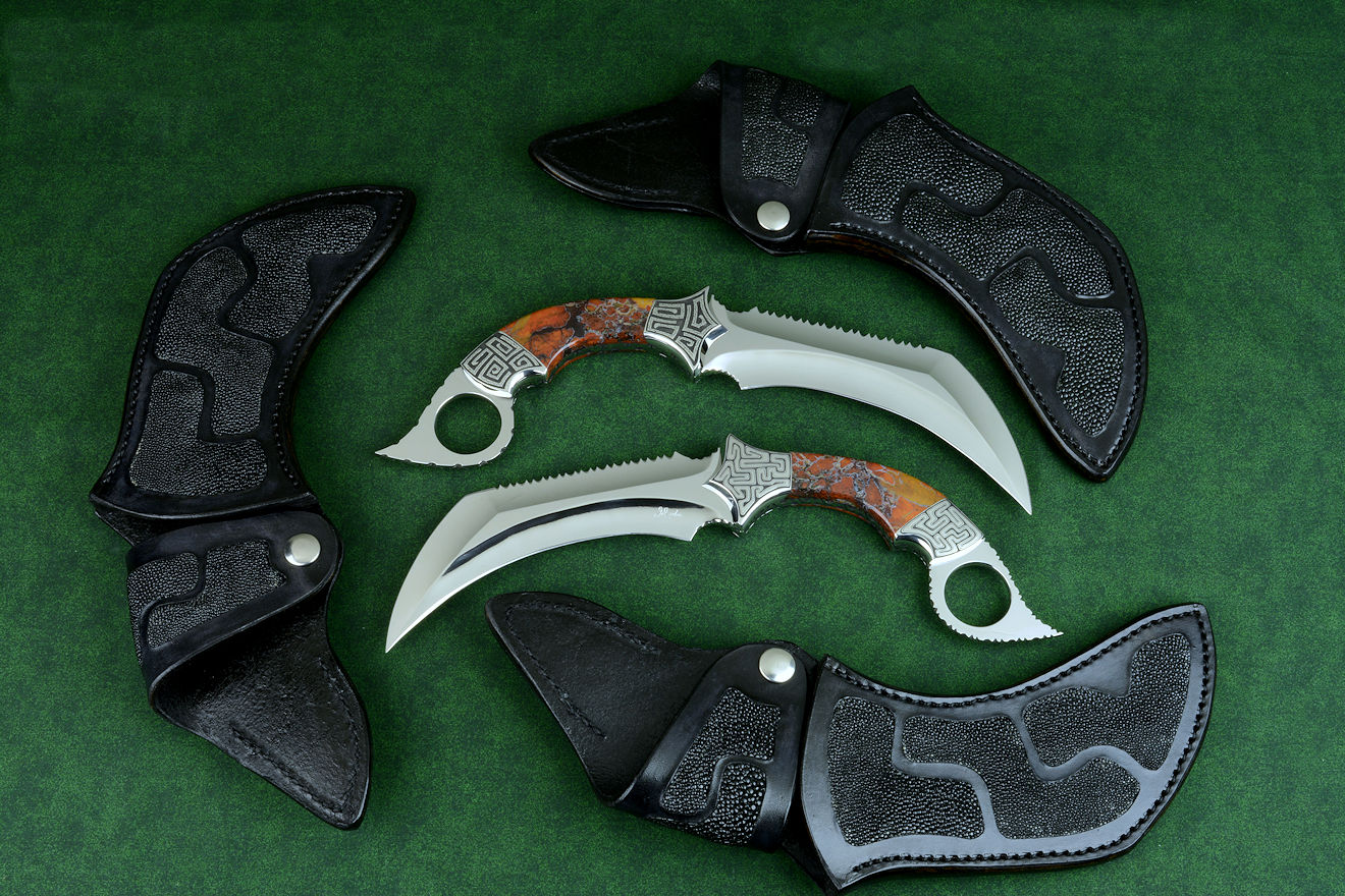 "Titans" matched karambits in 440C high chromium stainles steel blades, T3 advanced cryogenic treatment, mirror polished, hollow ground, hand-engraved 304 stainless steel bolsters, Stone Canyon Jasper gemstone handles, sheaths of black rayskin inlaid in hand-carved leather shoulder