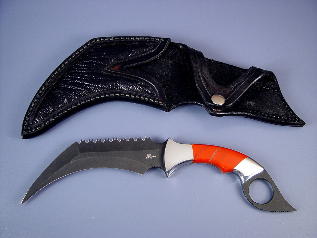 "Triton" kerambit, obverse side view: O-1 high carbon tool steel blade, carbon steel bolsters, Red River Jasper gemstone handle, ostrich leg skin inlaid in hand-carved leather sheath