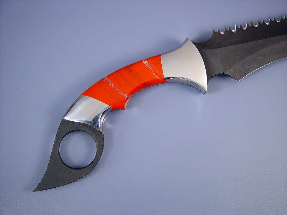 Carbon steel bolsters with Red River Jasper gemstone handle and blued steel knife blade