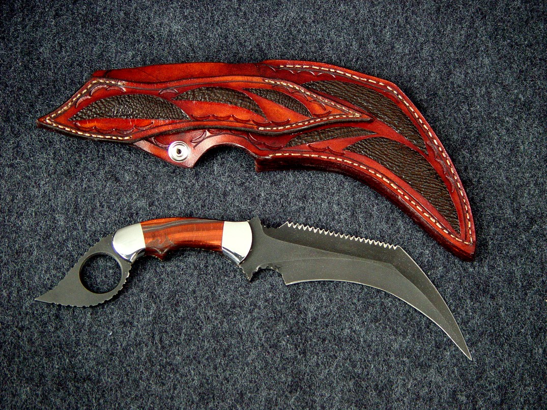 "Triton" in blued O-1 tool steel blade, carbon steel bolsters, Red Tigereye Quartz gemstone handle, Cape Buffalo skin inlaid in hand-carved leather sheath