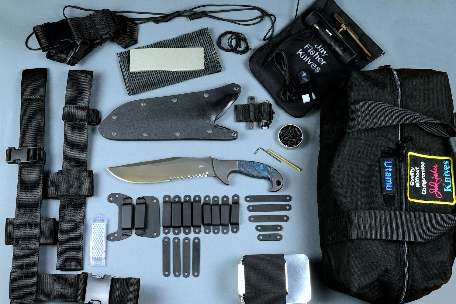 "Utamu" Custom Crossover, Survival, Tactial knife with full kit of accessories: multiple mounting straps and loops, HULA, LIMA, UBLX, EXBLX, Flashlights, hardware, sternum harness, sharpener, bags, storage, custom duffle