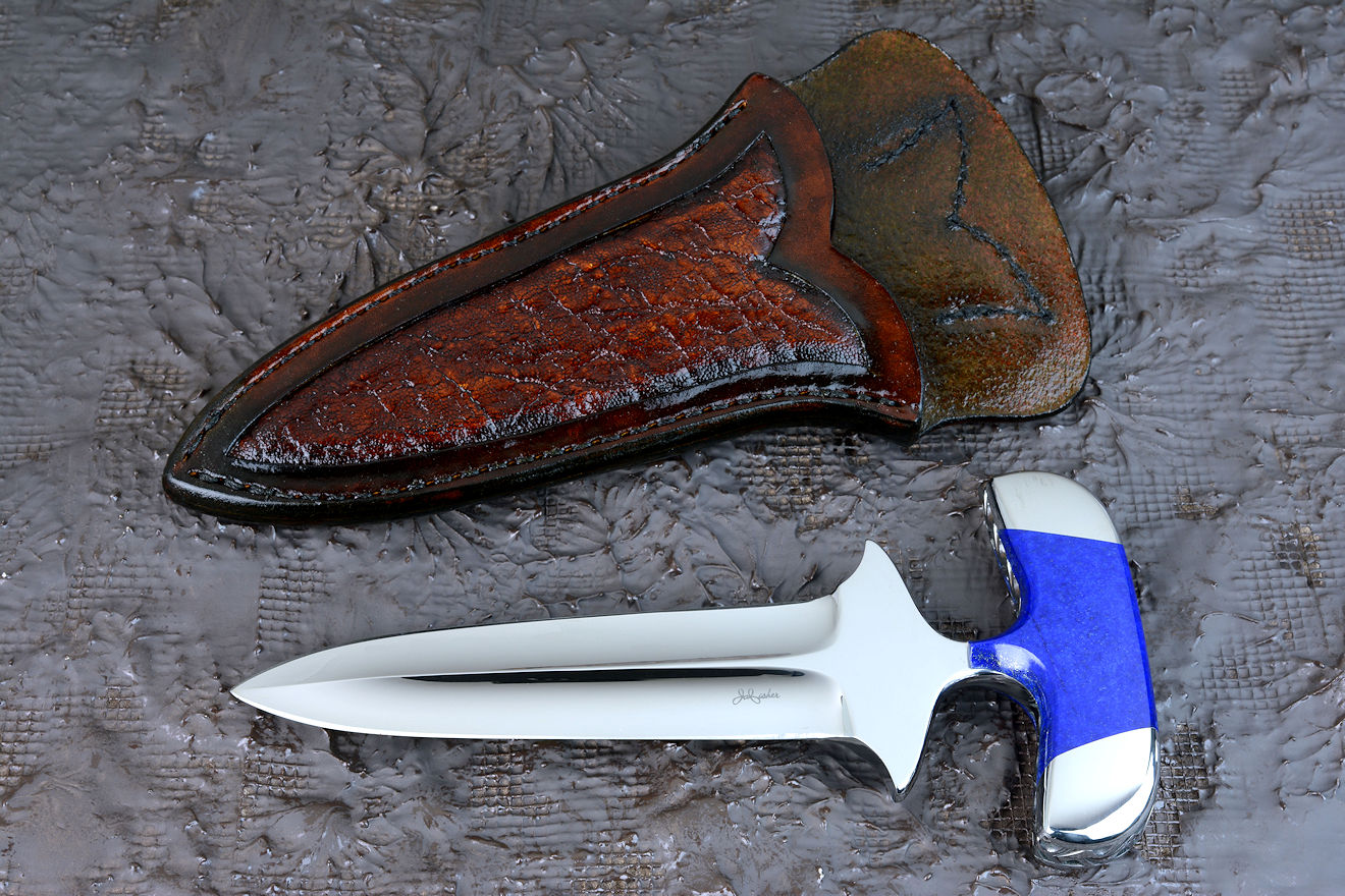 "Vindicator" push dagger, obverse side view in CPM154CM powder metal technology tool steel blade, 304 stainless steel bolsters, Afghanistan Lapis Lazuli gemstone handle, hand-carved leather sheath inlaid with Elephant skin