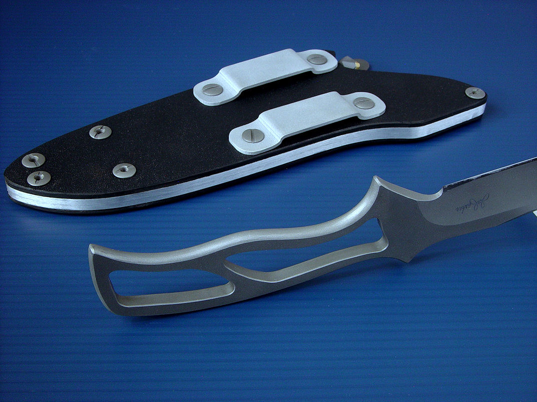 "Viper" skeletonized tactical, combat knife, in ATS-34 high molybdenum stainless steel blade, hybrid tension-locking sheath in kydex, aluminum, stainless steel, titanium