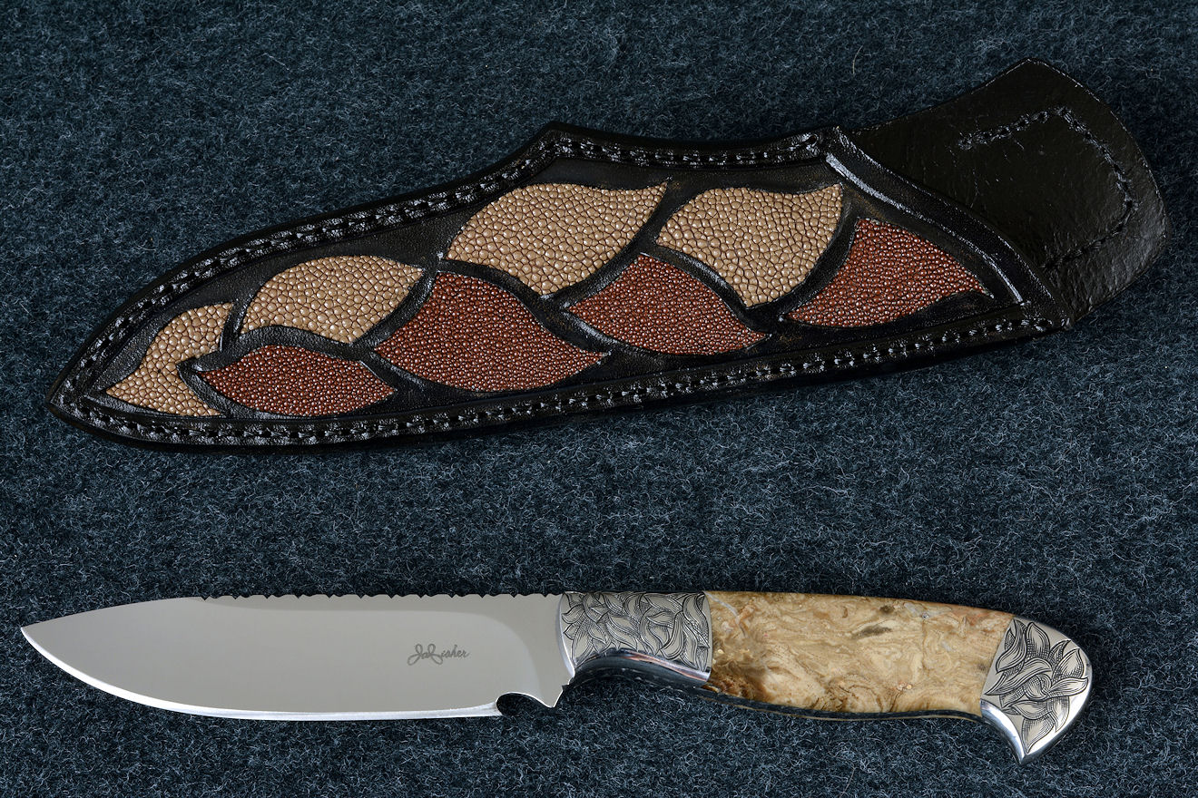 "Vulpecula" obverse side view in D2 extremely high carbon die steel blade, hand-engraved 304 stainless steel bolsters, Petrified Fern fossil gemstone handle, hand-carved leather sheath inlaid with rayskin