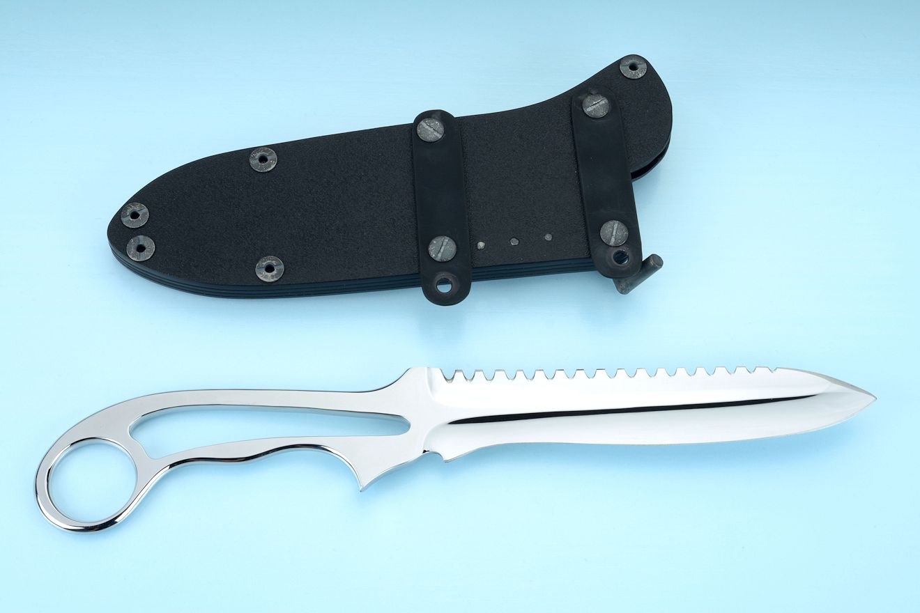 "Xanthid" counterterrorism knife knife in N360 nitrogen passivated tool steel blade, sheath of kydex, anodized 5052H32 aluminum welt frame, blackened and passivated 304 stainless steel hardware and fixtures, anodized 6AL4V titanium