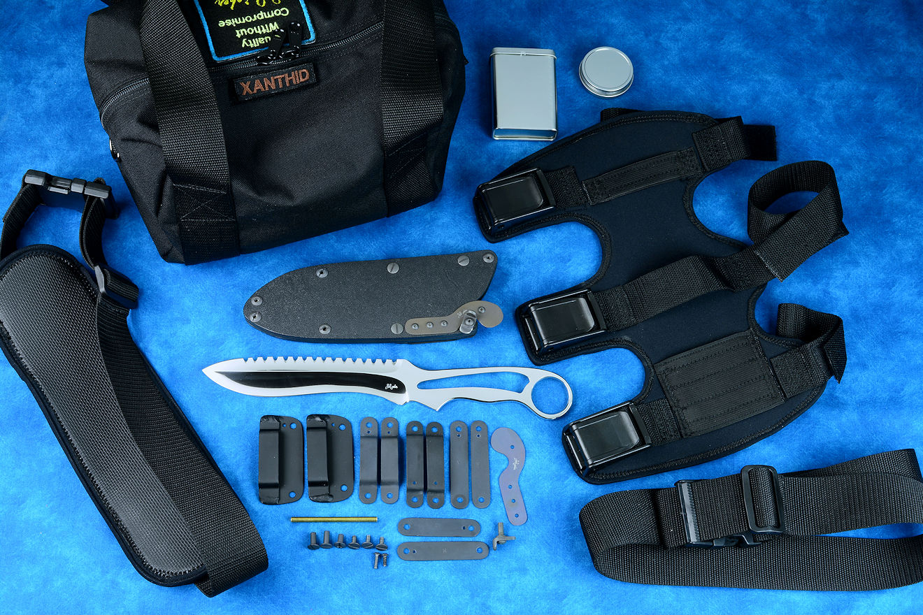 "Xanthid" Tactical Dive Knife, obverse side view in T3 cryogenically treated 440C high chromium martensitic stainless steel blade, hybrid tension locking-wedge-tab sheath in kydex, anodized aluminum, anodized titanium, stainless steel, Dive Calf Accessory Mount, Dive Belt Accessory Mount in neoprene, polypropylene, nylon, polyester, acetyl, duffle in cordura nylon, polyester, polypropylene, nylon, steel