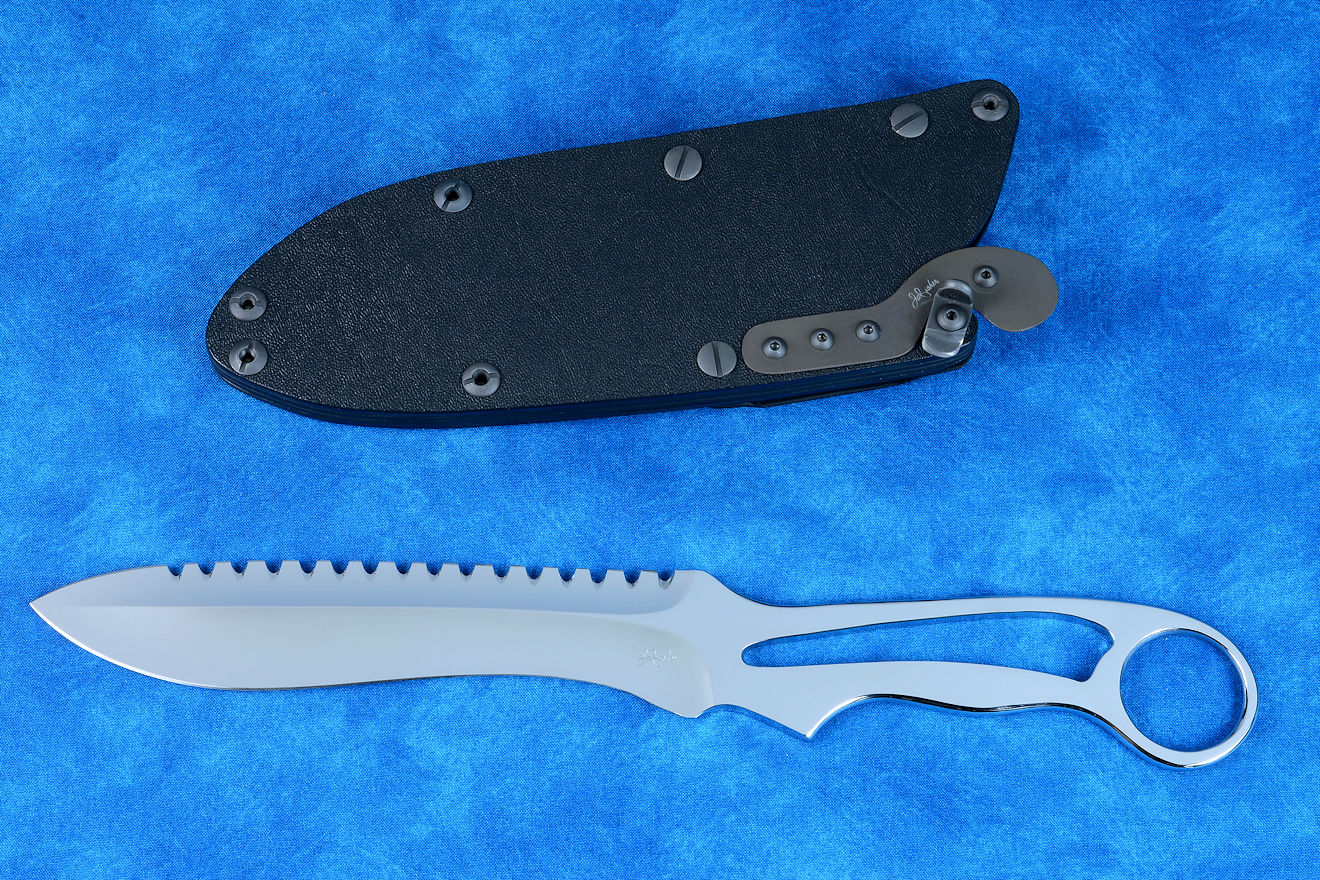 "Xanthid" Tactical Dive Knife, obverse side view in T3 cryogenically treated 440C high chromium martensitic stainless steel blade, hybrid tension locking-wedge-tab sheath in kydex, anodized aluminum, anodized titanium, stainless steel