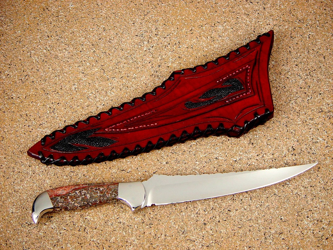 "Zorya" in 440C high chromium stainless steel blade, 304 stainless steel bolsters, Leopard Skin jasper gemstone handle, hand-laced leather sheath inlaid with black stingray skin