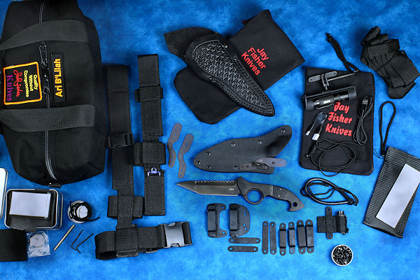 "Ari B'Lilah" Full counterterrorism tactical knife and kit, accessories, UBLX, EXBLX, HULA, LIMA, mounting, hardware, fasteners, storage flashlights, lanyards, double drawstring bags, 1000 denier lined duffle