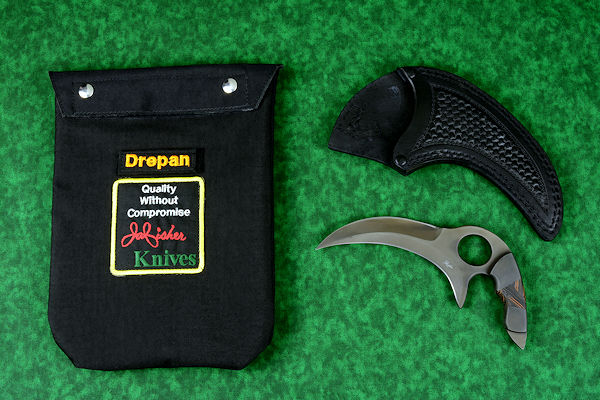 "Drepan" tactical karambit knife with heavy 9-10 oz. leather sheath and 1000 denier felt-lined Cordura ballistic nylon bag with embroidery, removable patch, hook and loop with stainless steel dot snaps