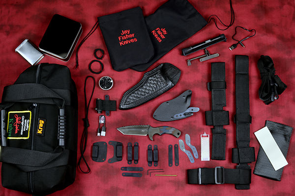 "Krag" tactical knife kit, complete, with UBLX, EXBLX, HULA, LIMA, diamond sharpener, leather sheath, sternum harness, lanyards, staps, clamps, hardware, and heavy ballistic nylon duffle