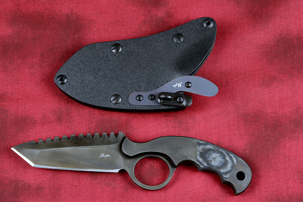 "Skeg"  tactical, counterterrorism, crossver knife, obverse side view in ATS-34 high molybdenum martensitic stainless steel blade, 304 stainless steel bolsters, black and gray G10 fiberglass/epoxy composite handle, hybrid tension tab-locking sheath in kydex, anodized aluminum, black oxide stainless steel and anodized titanium