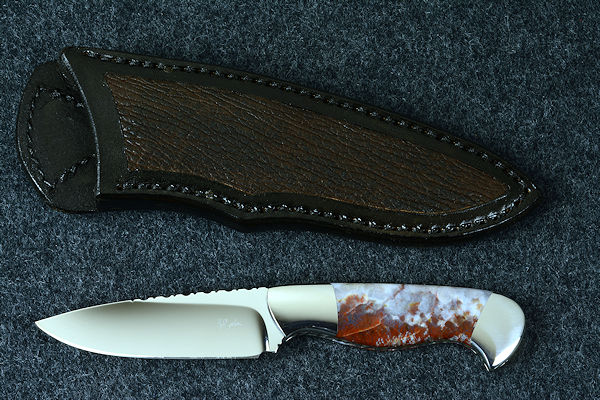 "Temno" fine handmade knife in T3 deep cryogenically treated ATS-34 high molybdenum martensitic stainless steel blade, 304 stainless steel bolsters, Bay of Fundy flame agate gemstone handle, shark skin inlaid in leather sheath
