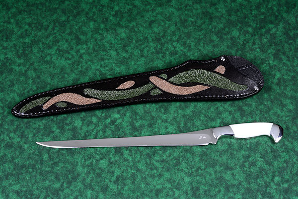 "Wisp" fine handmade fillet knife obverse side view in T3 deep cryogenically treated CPM 154CM high molybdenum powder metal technology martensitic stainless steel blade, 304 stainless steel bolsters, Willow Creek Jasper gemstone handle, hand-carved leather sheath inlaid with green, tan ray skin