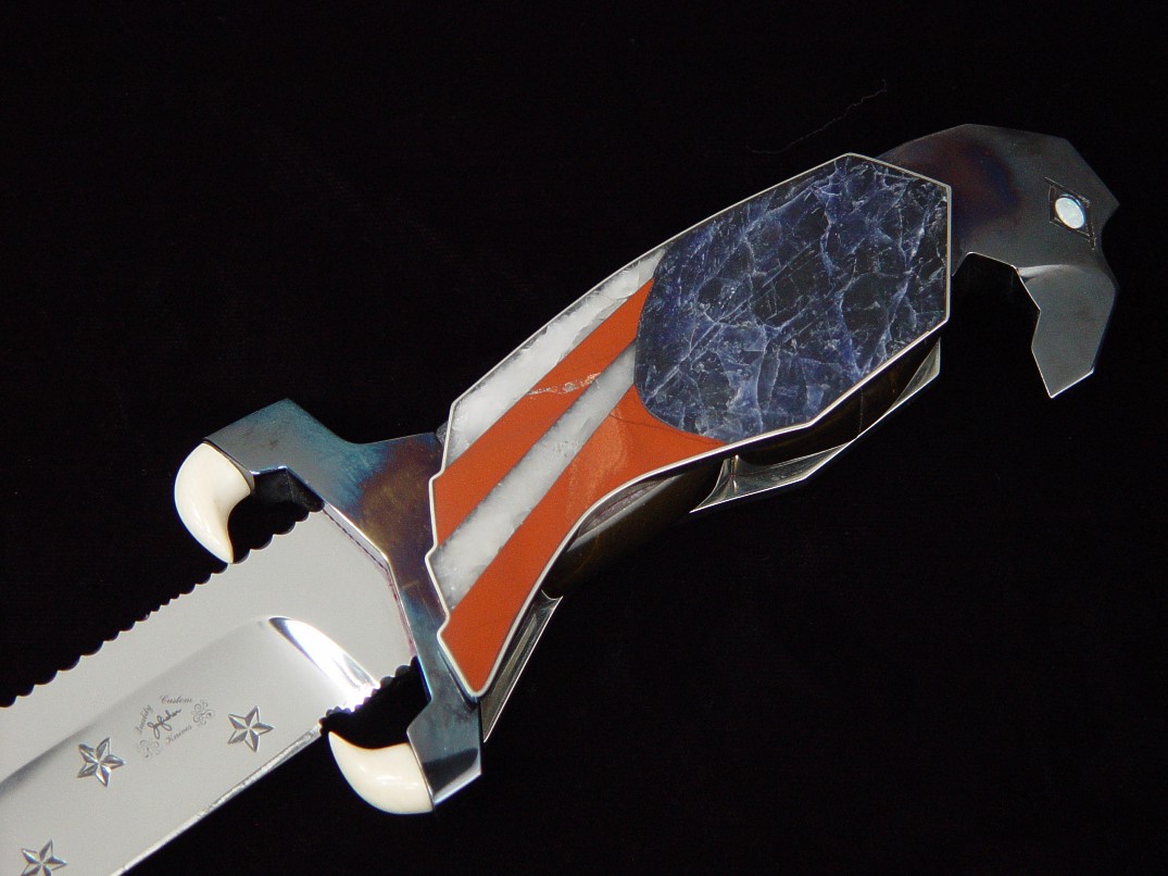 Ivory talons inlay mounted into blued guard of "Freedom's Promise" knife handle