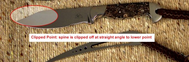 Knife Anatomy, parts, names: Clipped point, hollow ground, blade serrations