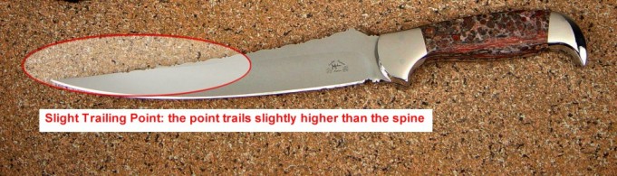 Knife Anatomy, parts, names: slight trailing point, point trails higher than the generalized axis of the blade spine.