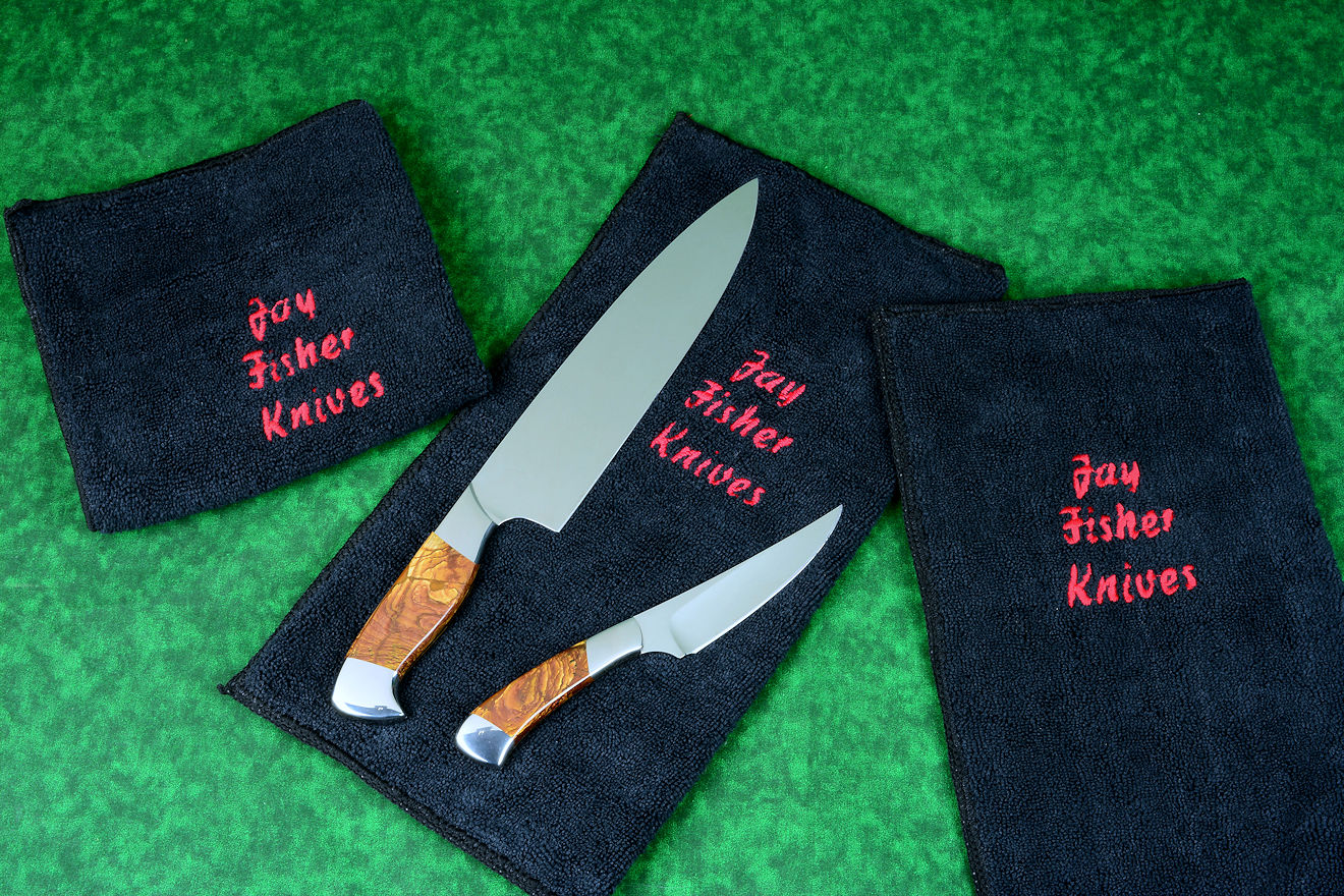 Microfiber towels, embroidered with Jay Fisher Knives, for chef's knives parking and drying