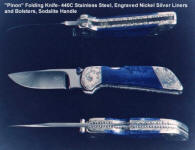 Pinon fine lockback folding knife in stainless steel, nickel silver, sodalite gemstone, with black walnut case