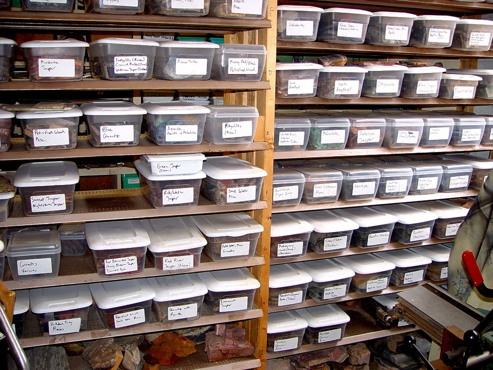 Shelves of gemstone, rock, minerals use in custom knife making handles, fittings, components