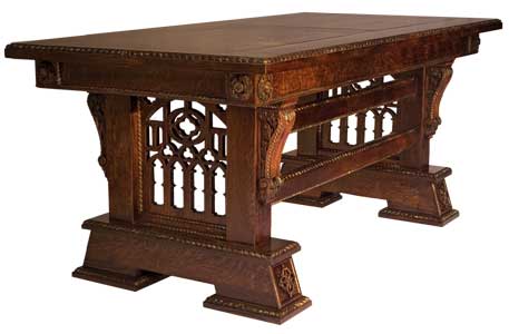 Custom Solid Quarter Sawn Oak Gothic Library Table (Desk) by Artisans of the Valley