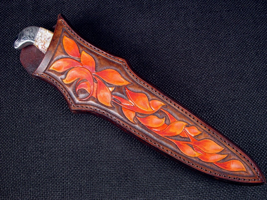 "Kotori" in ATS-34 high molybdenum stainless steel blade, hand-engraveds 304 stainless steel bolsters, Carnival Lace Agate gemstone handle, hand-carved, hand-dyed leather sheath