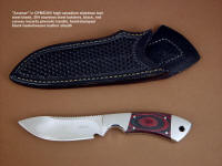 "Acamar" obverse side view in CPMS30V high vanadium stainless tool steel blade, 304 stainless steel bolsters, red-black canvas micarta phenolic handle, black basketweave leather sheath