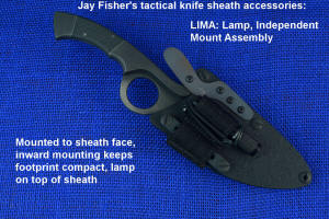 "LIMA" flashlight accessory mounted to knife sheath face