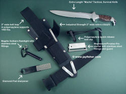"Macha EL" with text descriptions and details of accessory package for custom jungle knife