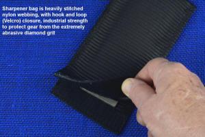 Double-sided diamond pad sharpener with heavy nylon envelope pad and bag