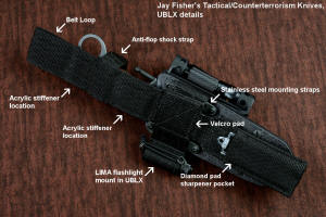 Details and description of belt loop extender for tactical knife sheath and components and parts with annotation and identification