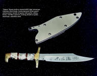 "Alamo" Bowie Knife, commemorative, in etched 440C high chromium stainless steel blade, hand-engraved brass fittings, quartz with pyrite gemstone, ebony, brass, red fiber spacer handle, locking kydex, aluminum, stainless steel sheath