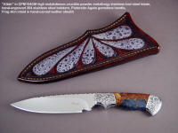 "Altair" fine investment grade collector's knife in CPM 154CM high molybdenum stainless powder metal technology tool steel blade, hand-engraved 304 stainless steel bolsters, Pietersite gemstone handle, frog skin inlaid in hand-carved leather sheath
