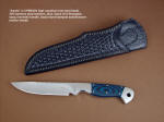 "Aquila" obverse side view in CPMS30V high vanadium stainless tool steel blade, 304 stainless steel bolsters, blue-black G10 fiberglass epoxy laminate handle, hand-stamped black basketweave leather sheath