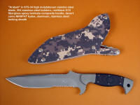 "Arabah" tactical, combat, survival knife in ATS-34 high molybdenum stainless steel blade, 304 stainless steel bolsters, red/black G10 composite handle, desert digital camouflage kydex, aluminum, stainless steel locking sheath