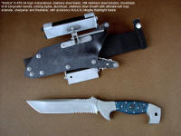 "Arctica" obverse side view in ATS-34 high molybdenum stainless steel blade, 304 stainless steel bolsters, blue/black G10 fiberglass/epoxy composite handle, locking kydex, aluminum, stainless steel sheath with ultimate belt loop extender, firestarter, sharpener, and HULA advanced flashlight holder