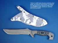 "Arctica" tactical, combat, CSAR, survival knife, obverse side view in 440C high chromium stainless steel blade, 304 stainless steel bolsters, gray/black G10 fiberglass/epoxy laminate handle, polar digital camo kydex, aluminum, stainless steel locking sheath