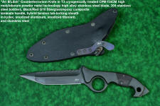 "Ari B'Lilah" Counterterrorism Tactical Knife in T3 cryogenically treated CPM 154CM powder metal technology high molybdenum martensitic stainless steel blade, 304 stainless steel bolsters, Black/Red G10 fiberglass/epoxy composite handle, hybrid tension tab-locking sheath in kydex, anodized aluminum, stainless steel, titanium