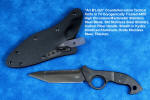 "Ari B'Lilah" counterterrorism, tactical, combat knife, obverse side view in T4 cryogenically treated 440C high chromium martensitic stainless steel blade, 304 stainless steel bolsters, carbon fiber handle, hybrid tension tab locking sheath in kydex, anodized aluminum, anodized titanium, black oxide stainless steel