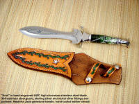 Fine collector's daggers: "Ariel" double edged engraved 440C stainless steel blade, 304 stainless steel guard and pommel, Nephrite Jade gemstone handle, hand-tooled leather sheath, scabbard